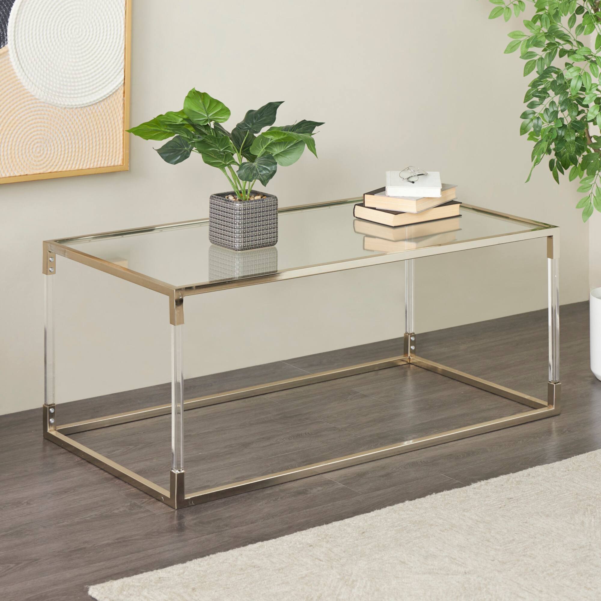 46" Silver Metal Minimalistic Open Framed Living Room Coffee Table with Clear Glass Top & Acrylic Legs